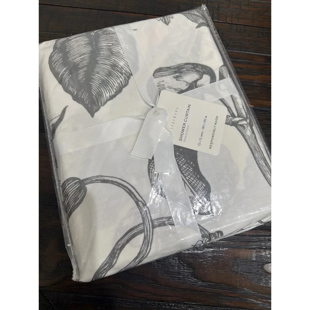 Pottery Barn Grey White Floral Botanical Butterfly Shower Curtain 72x72 NEW